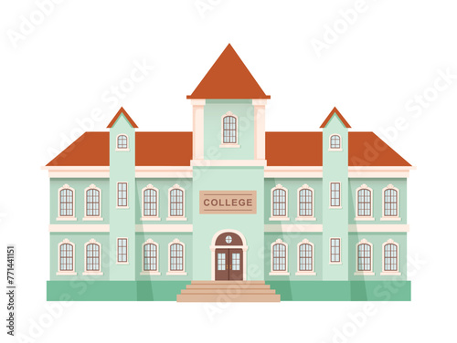College building vector illustration. Front view of entrance in school, preschool, academy, primary, public education center, university. Urban infrastructure infographics