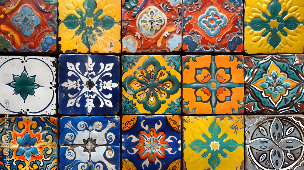 A vibrant collection of hand-painted Mexican ceramic tiles featuring a variety of intricate floral and geometric patterns.
