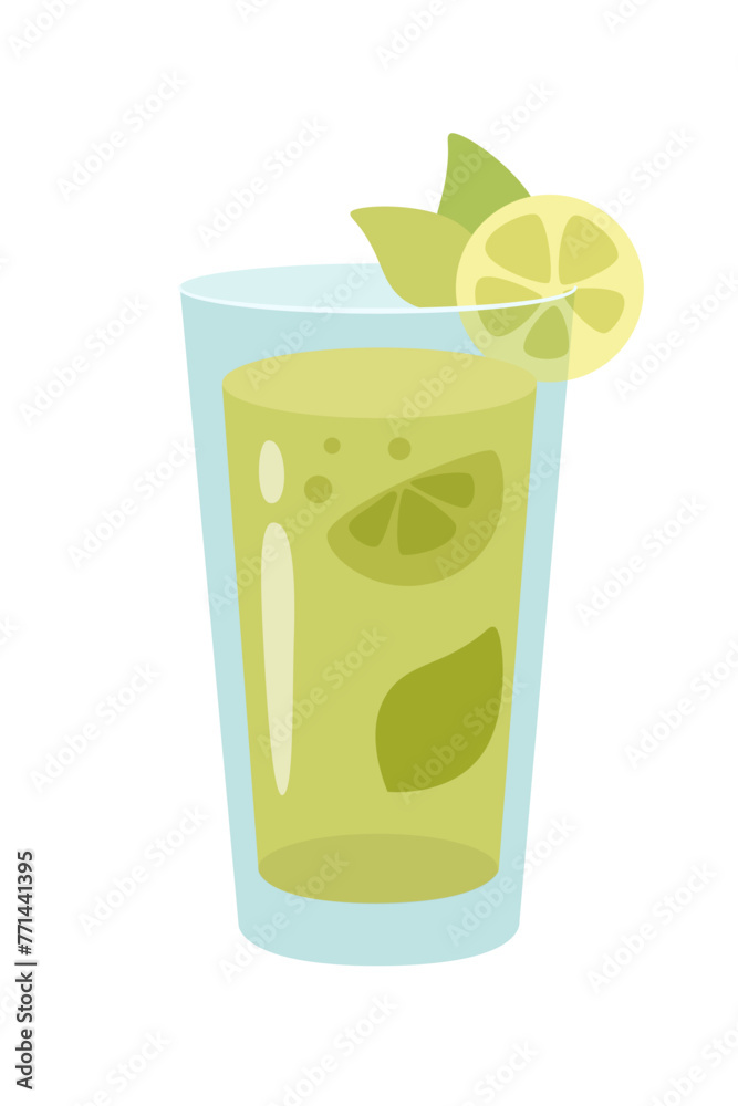 Glass of mojito cocktail with lime cartoon vector illustration. Summer mint alcohol drink isolated on white background. Celebration with toasts and cheering. Party time. Beverage menu concept - obrazy, fototapety, plakaty 