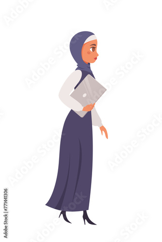 Arabian business woman. Muslim female in hijab going in office with laptop. Cartoon vector illustration isolated on white. Saudi teacher, manager, engineer, worker