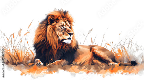 Cartoon art of a lion in the savanna isolated on a transparent background, PNG, Ai