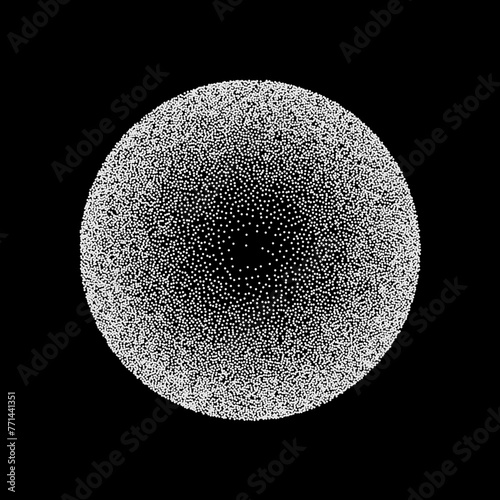 Radial grain pattern, pointillism vector illustration. Abstract circle with gradient stipple noise texture and dots gradation with circular spin effect, monochrome dotwork on black background