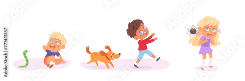 Kids fears vector illustration set. Children afraid. Scared and crying boys and girls. Childish phobias. Frightened cartoon characters. Children therapy. Kid psychologic support