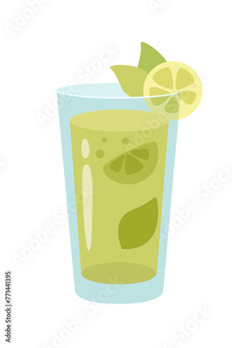 Glass of mojito cocktail with lime cartoon vector illustration. Summer mint alcohol drink isolated on white background. Celebration with toasts and cheering. Party time. Beverage menu concept © backup_studio