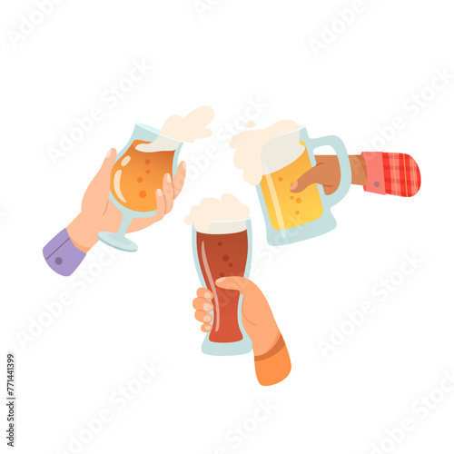 Hands with glasses of alcohol cocktails and drinks vector illustration. Friends holding mugs and goblets with beer. People celebrating with toasts and cheering together. Party, event, bar, pub © backup_studio