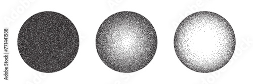 Circles with grain noise texture set vector illustration. Abstract spheres with gradient stipple pattern, globes with gradation to fade of monochrome grainy dots or noise dust on white background © backup_studio