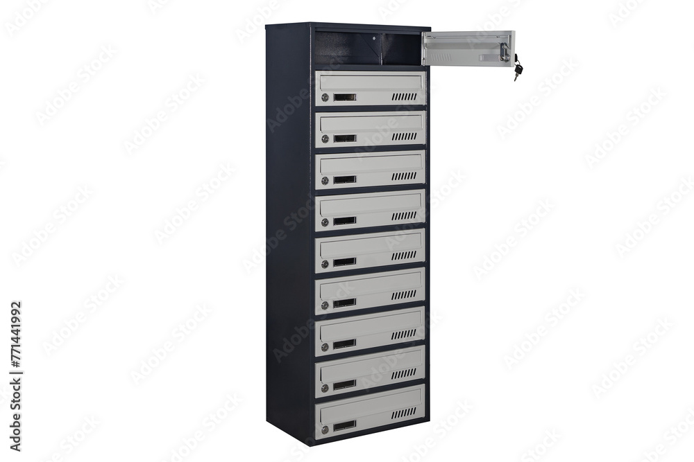 Mailboxes in the condo. metal mailbox with lockable center in condo. Mailbox on the white background isolated Mailboxes in the condo. metal mailbox with lockable center in condo. Mailbox on the white background isolated