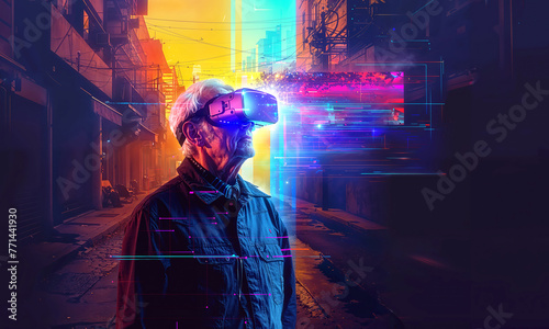 Stylish grandfather in VR headset, virtual travel, senior tech user, digital adventure, modern elder lifestyle illustration.