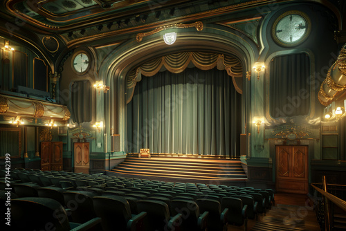 Create an AI-rendered scene capturing the beauty of an empty cinema hall with its elegant setting, where gentle curves and flowing lines complement the graceful architecture, inviting viewers to unwin