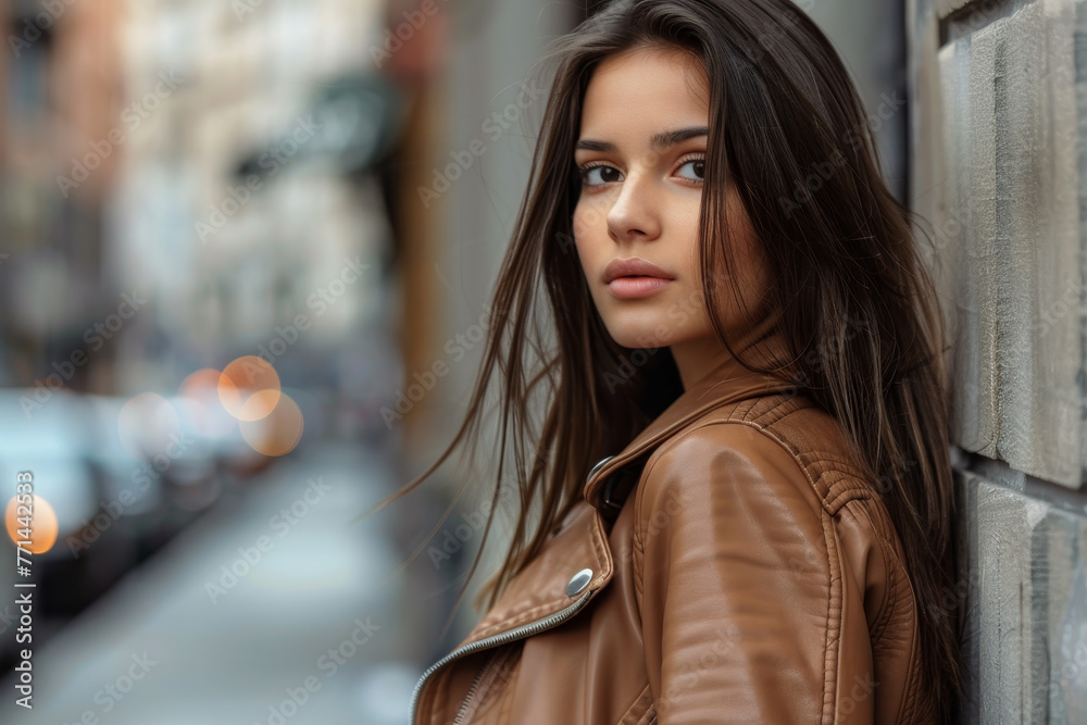 A woman with long brown hair is wearing a brown leather jacket A woman with long brown hair is wearing a brown leather jacket