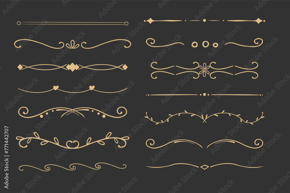 Elegant gold divider thin line classic deco border separator collection isolated on dark background. Florish arnament, embelish.