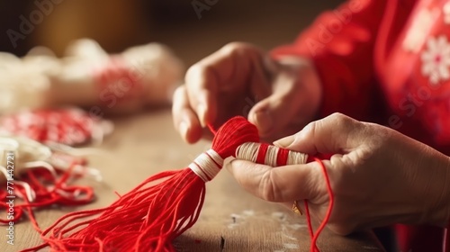Woman making handmade traditional martisor, from red and white strings with tassel. photo