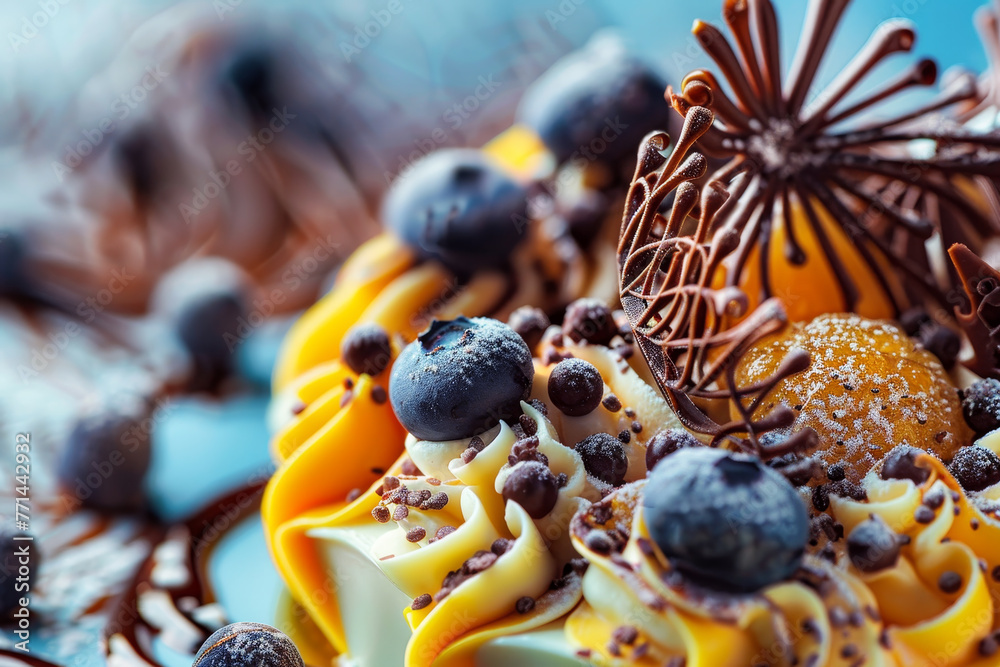 A dessert with blueberries and chocolate drizzled on top