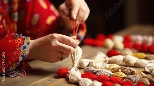 Woman making handmade traditional martisor, from red and white strings with tassel. photo