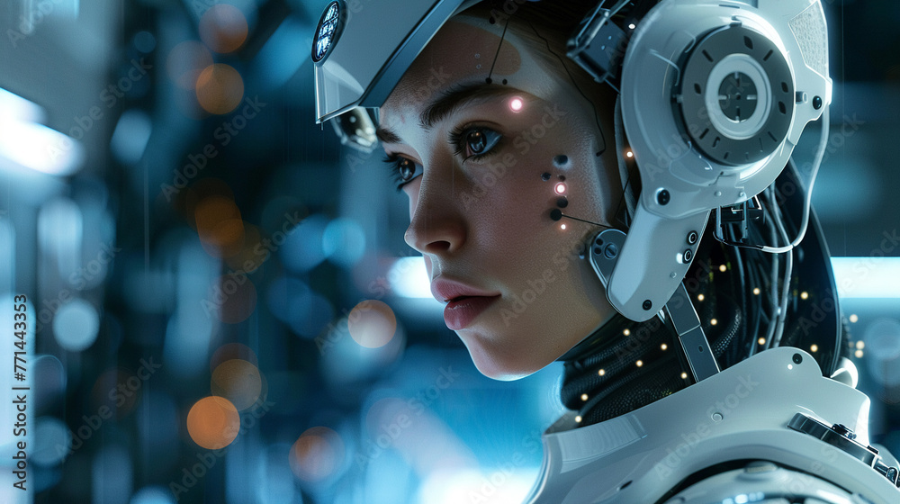 Fototapeta premium Beautiful robotic-human woman, in smart AI work setting, high-tech, futuristic, efficient workspace