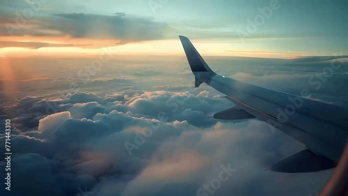 View from an airplane window of the wing of the plane flying above clouds in the sunset light with a beautiful sky