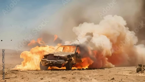 a car is on fire in the desert, surrounded by smoke and dust