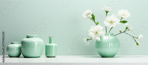 A white vase filled with white flowers is displayed on a white shelf, adding a touch of elegance to the room photo