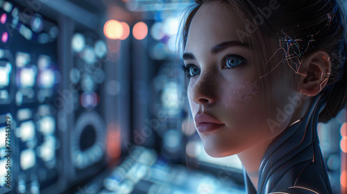 Beautiful robotic-human woman, in smart AI work setting, high-tech, futuristic, efficient workspace