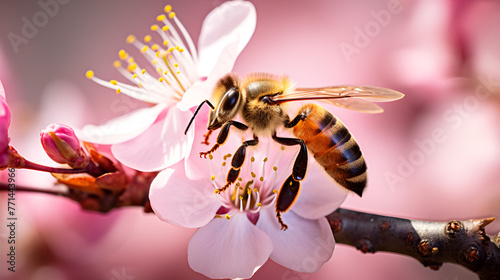 bee on a flower,A bee is seen up close on a cherry blossom, with detailed focus on its fuzzy body and the soft pink petals in springtime. © microtech