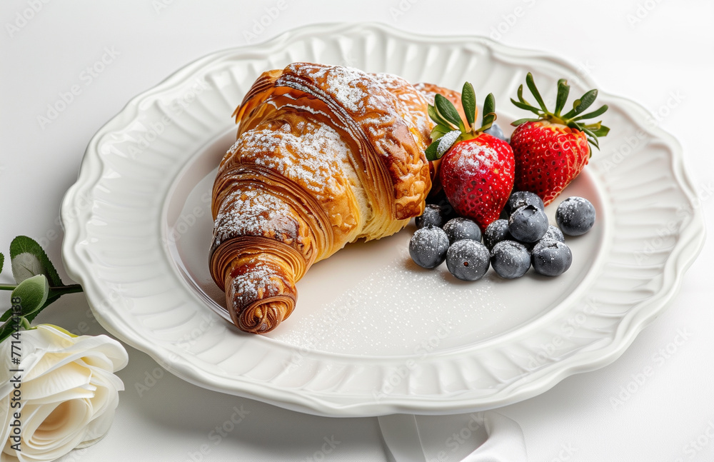 Beautiful cozy french breakfast, restaurant interior with bright morning light, healthy food on decorated tray, weekend meal, hotel breakfast, croissant, fruits Beautiful cozy french breakfast, restaurant interior with bright morning light, healthy food on decorated tray, weekend meal, hotel breakfast, croissant, fruits