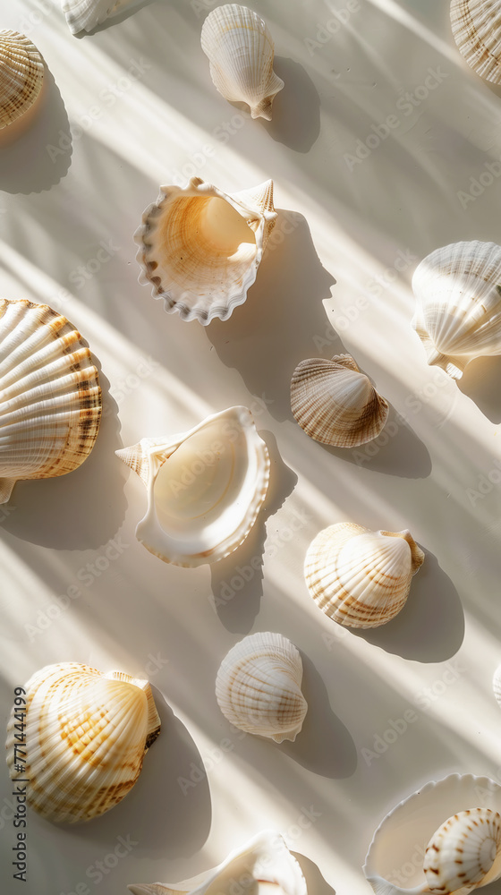 Aesthetic top view of white seashells on light background. Sun rays and shadows, minimalist sea concept. Generative AI Aesthetic top view of white seashells on light background. Sun rays and shadows, minimalist sea concept. Generative AI