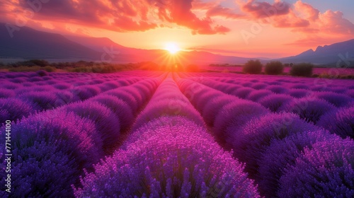 background of blooming lavender field at sunset