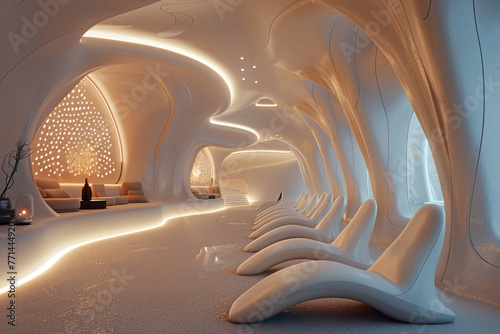 Generate an image of a futuristic cinema hall characterized by its organic, flowing architecture, with elegant chairs seamlessly integrated into the space, creating a harmonious blend of form and func