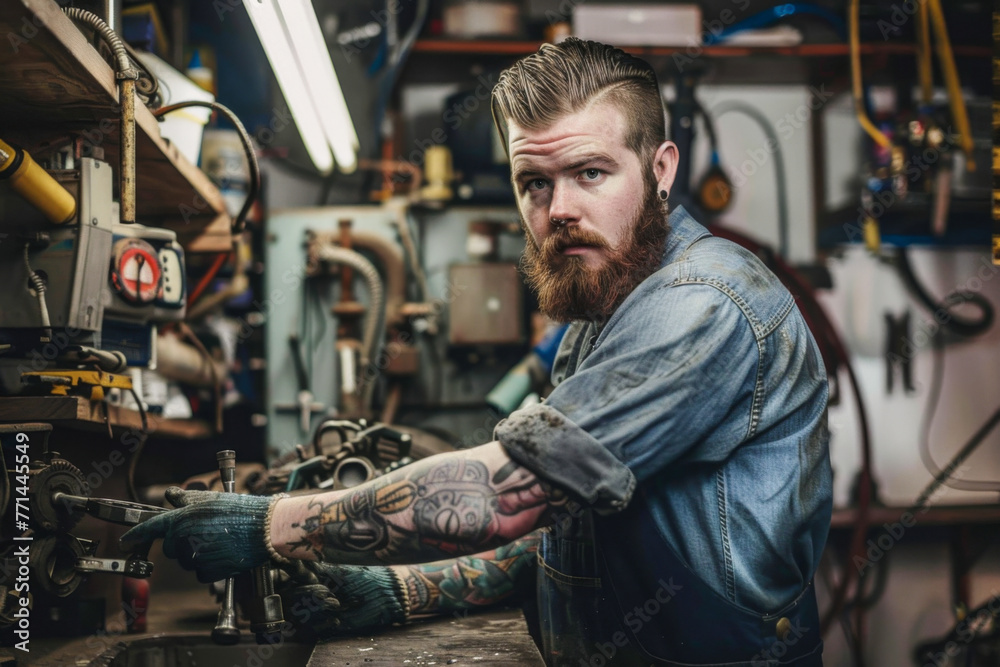 Portrait of a tattooed young man working in a workshop.
Portrait of a tattooed young man working in a workshop.