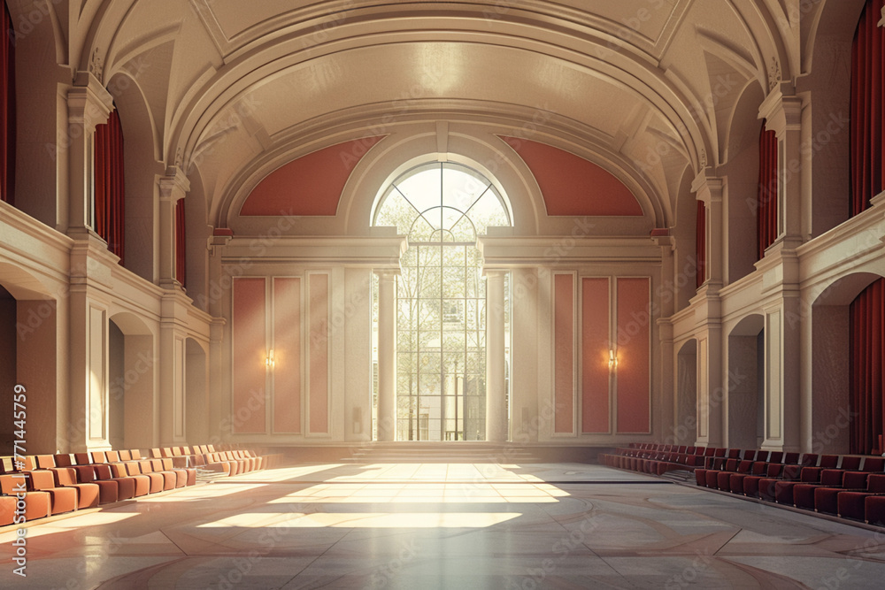 Generate an image of an empty cinema hall characterized by its understated elegance, with high ceilings, graceful arches, and a neutral color scheme that evokes a sense of calm and sophistication