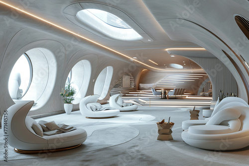 Generate an image of a futuristic cinema hall characterized by its organic, flowing architecture, with elegant chairs seamlessly integrated into the space, creating a harmonious blend of form  photo