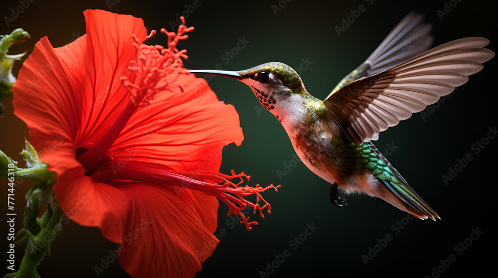Naklejka premium Hummingbird in Flight Beside a Vibrant Flower