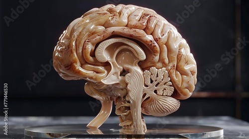 3D brain model showing stroke impact on motor and speech areas, dim lighting, side perspective