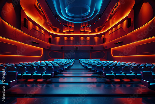 Imagine an abstract AI artwork portraying a cinema hall of tomorrow, with close-up shots offering glimpses of the futuristic chairs' ergonomic contours and refined finishes, set against a backdrop of 