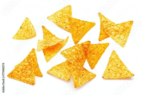 Flying mexican nachos chips, isolated on white background. With clipping path. Full depth of field. Focus stacking, Generative AI 