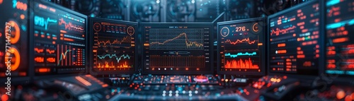 Futuristic traders desk, screens ablaze with cryptocurrency and stock market data, top view, detailed