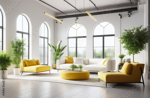 airy and spacious living room or lounge, white and yellow colored furniture, fresh plants, big windows, luxury apartments