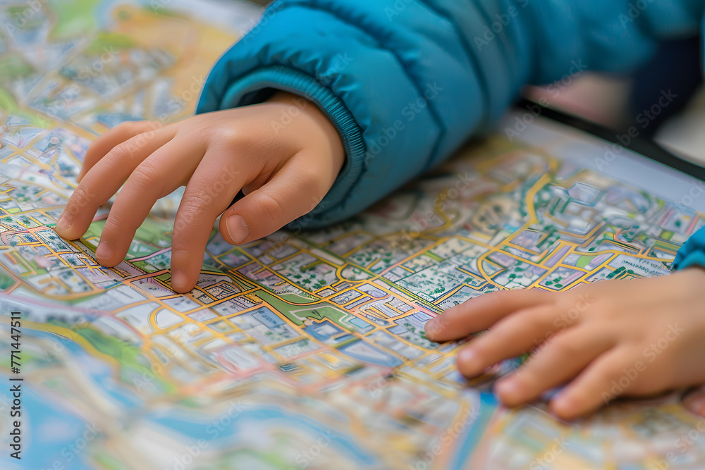 Fototapeta premium a child's hands playing with a city map