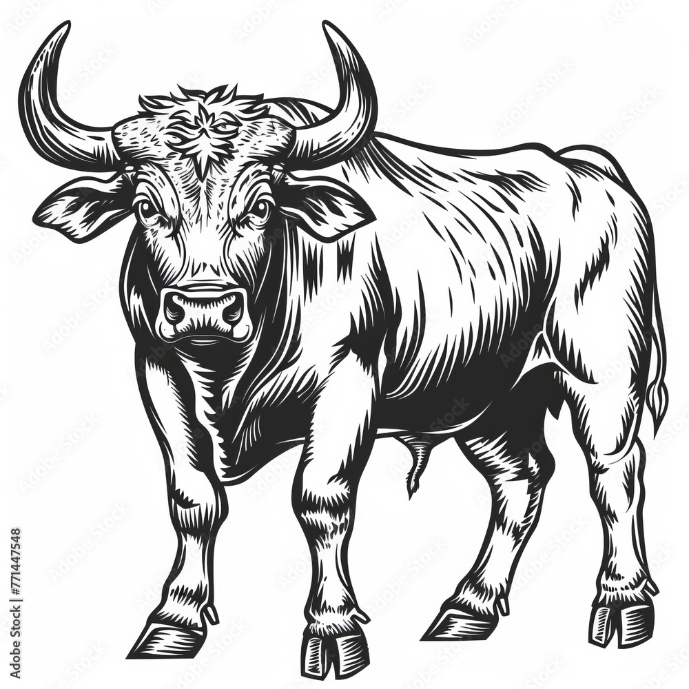 Graphic illustration of a bull in a black and white style, poised and detailed, suitable for various uses.