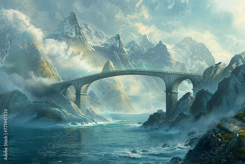 Produce a digital artwork depicting a bridge arching over a coastal inlet, with the sea mist swirling around its supports and distant mountains rising from the water photo