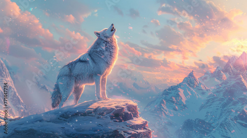 A lone wolf howls on a snowy mountain peak at dusk with a sky painted in the vibrant hues of sunset.