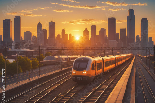Sunset commute: train approaching city skyline © HEKOLA