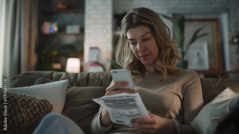 Worried woman at home, reading a document and checking phone, stressful financial concept. Worried woman at home, reading a document and checking phone, stressful financial concept.
