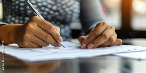 A person signing loan papers with a pen at a bank. 