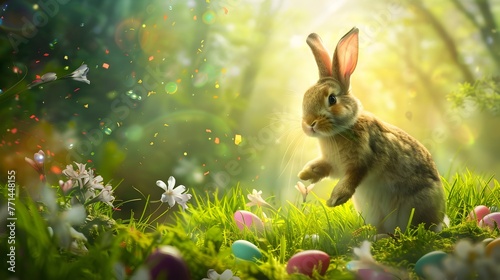 Whimsical Easter Bunny Hopping Through Enchanted Forest Leaving Trail of Colorful Eggs for Children to Discover