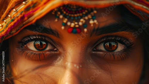 Close-up of an Indian woman's eyes, traditional headwear, detailed and colorful.