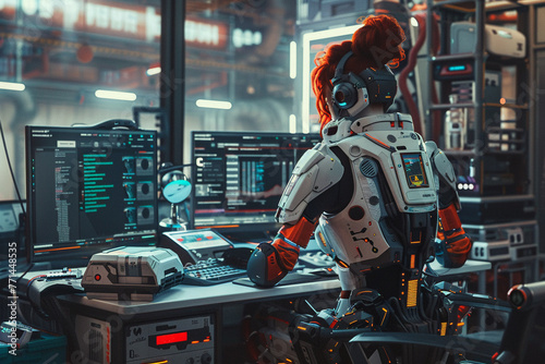 Half-human, half-mechanic, in smart workspace, high-tech tools, futuristic, productive environment photo
