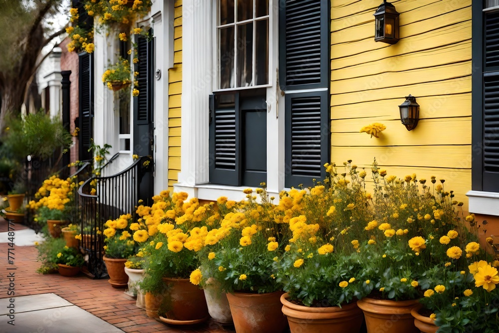Wall exterior siding house architecture sidewalk and multicolored yellow flowers in planter as decorations in Charleston, South Carolina 