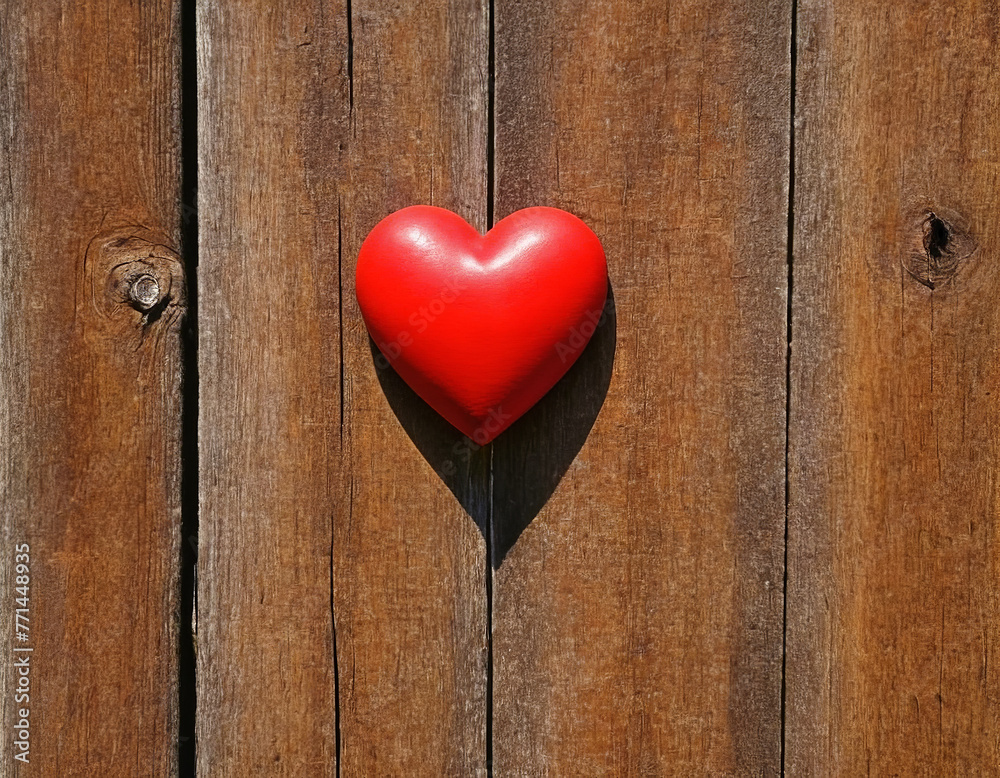 Bright red heart as a symbol of love and friendship on the background of a wooden wall or fence