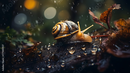Snail journeying through a rainy forest scape. A close-up view of a snail traveling on a wet, leaf-strewn path, with raindrops adding a dynamic and refreshing element to the scene